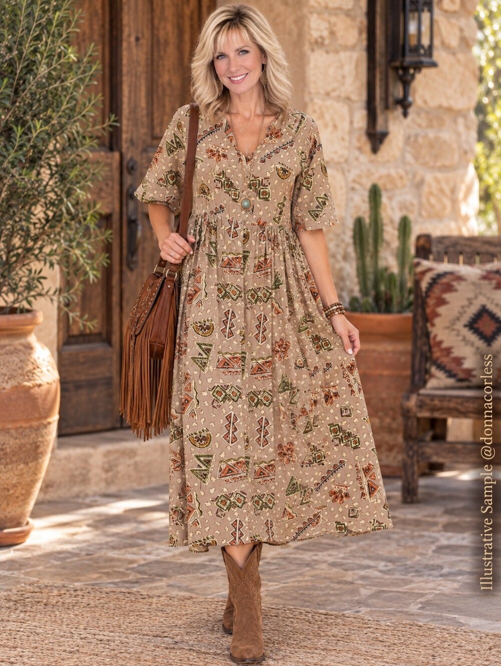 Vintage Marrika Nakk Silk Boho Prairie Midi Dress Western Santa Fe Print Women
